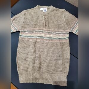 Vintage Kennington Linen Blend Knit Henley Sweater Tan Southwestern Stripe M